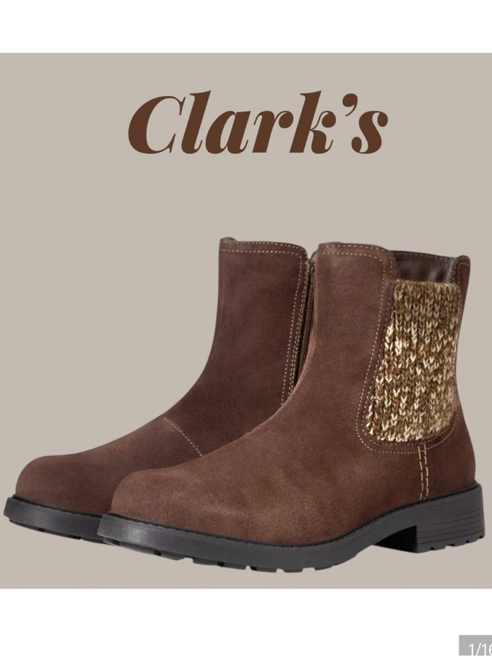 Clarks Brown Suede Opal Sky Side Zip Ankle Boot. Knit Side Panel. Size 11. New!